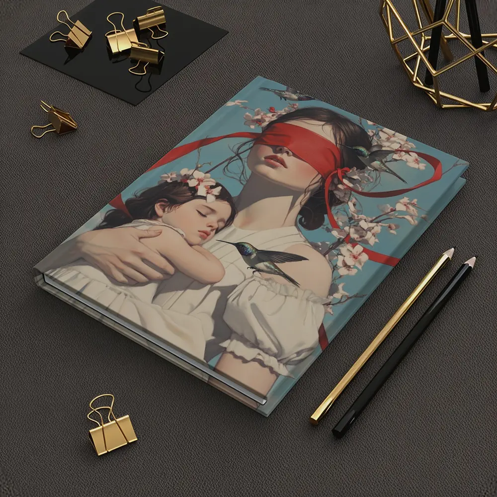 Blindfolded Woman Holding Child Hummingbirds Floral – Notebooks