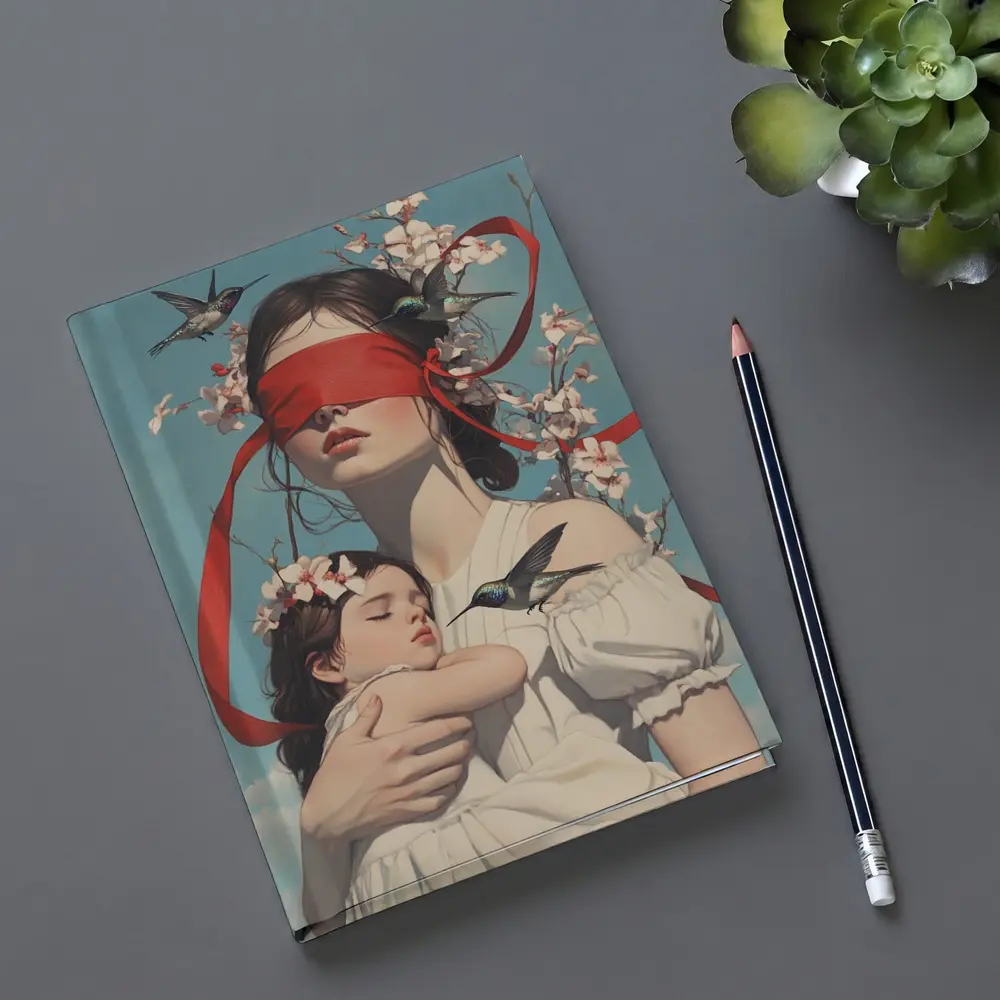 Blindfolded Woman Holding Child Hummingbirds Floral – Notebooks