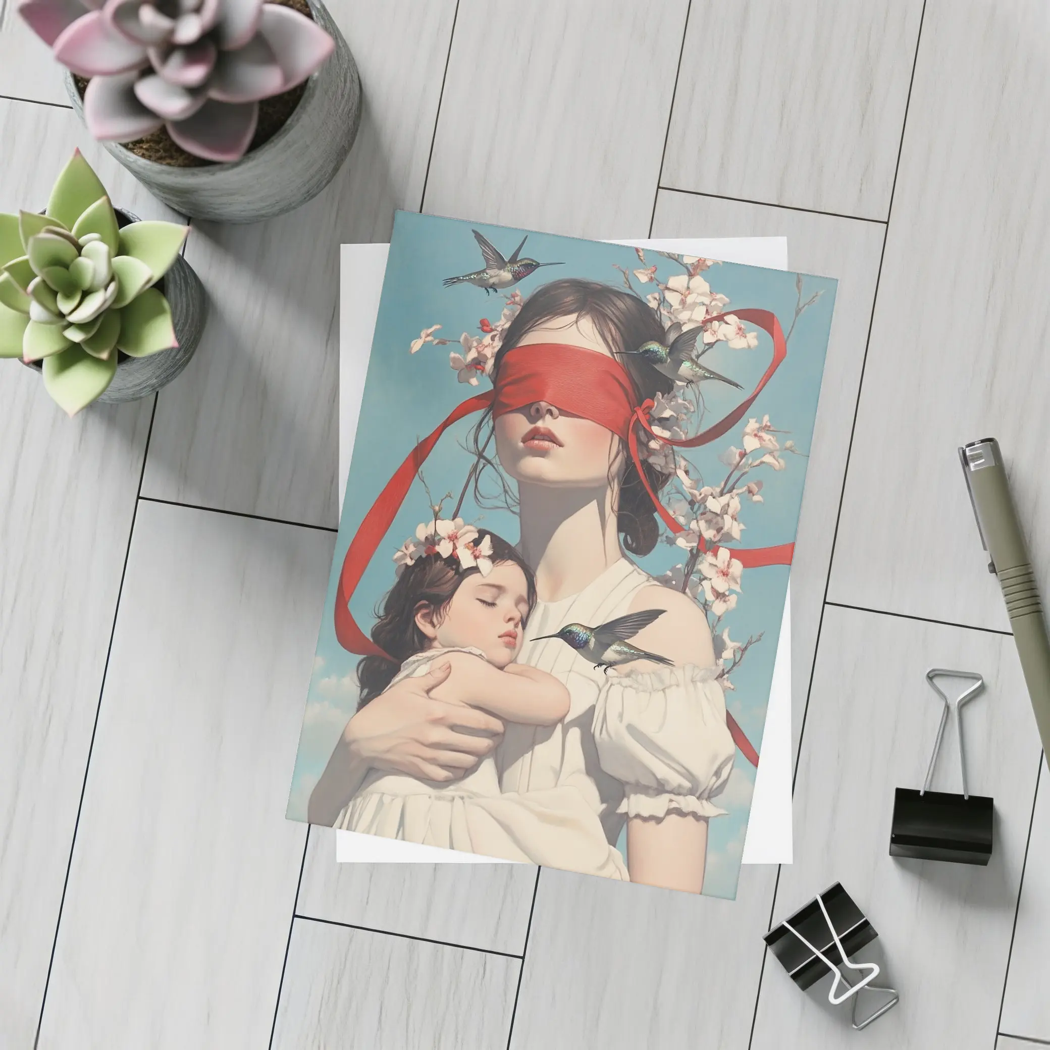 Blindfolded Woman Holding Child Hummingbirds Floral – Postcards