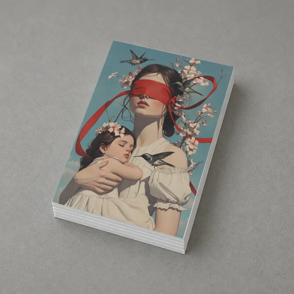Blindfolded Woman Holding Child Hummingbirds Floral – Postcards