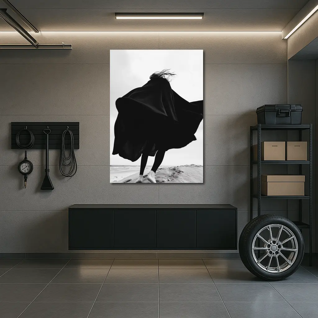 Woman Black Cape Flying Beach Sand – Wall Art