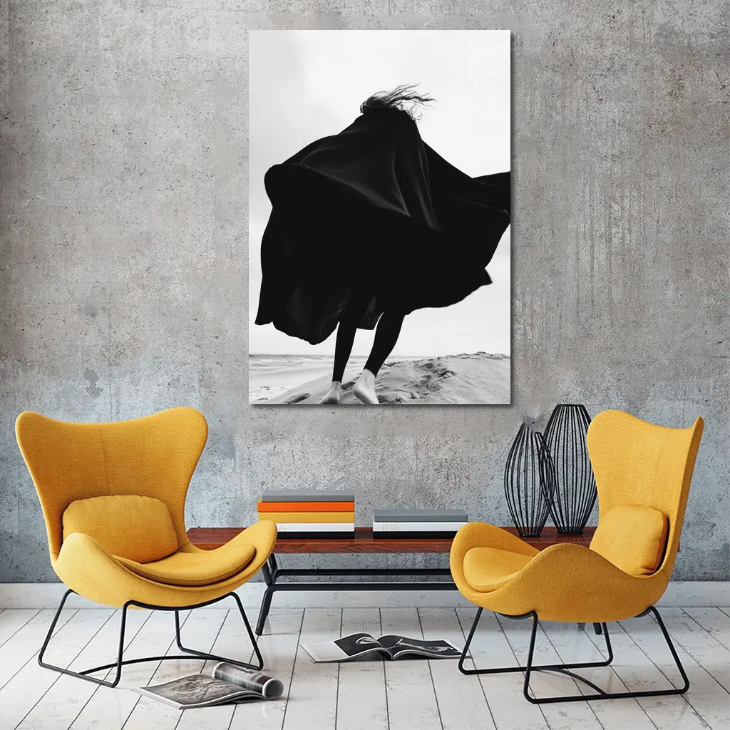 Woman Black Cape Flying Beach Sand – Wall Art
