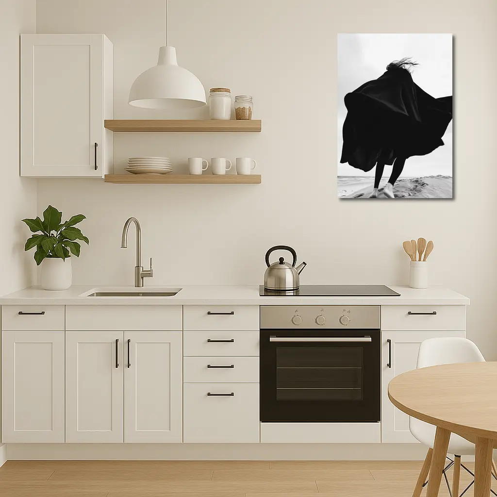 Woman Black Cape Flying Beach Sand – Wall Art