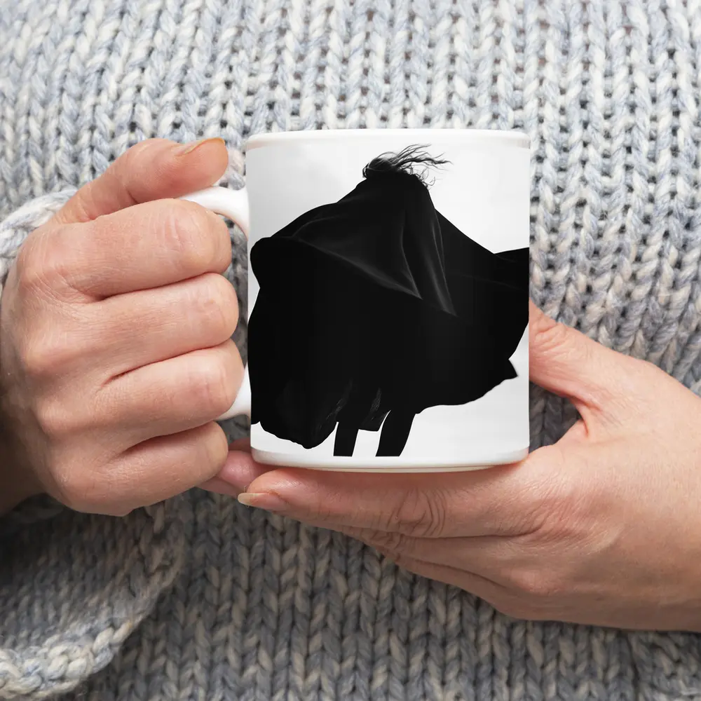 Woman Black Cape Flying Beach Sand – Mugs