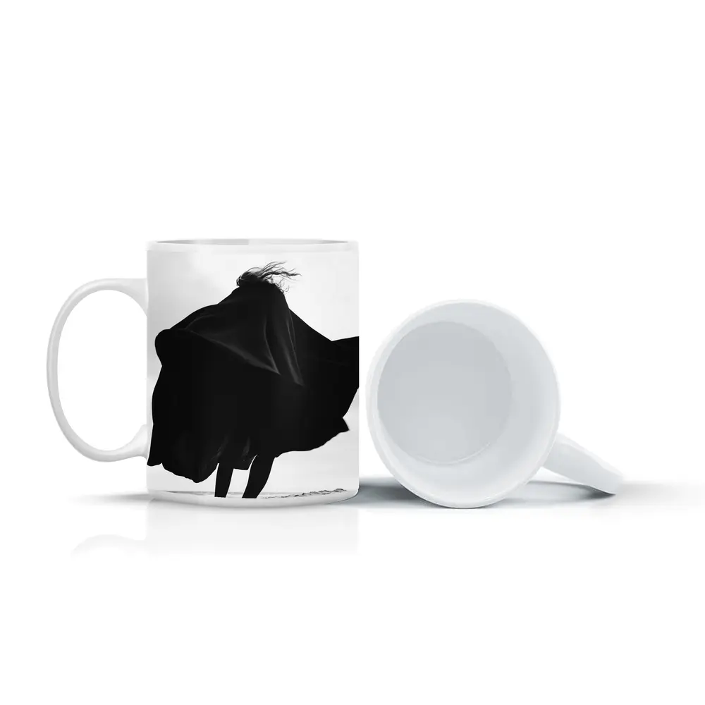 Woman Black Cape Flying Beach Sand – Mugs