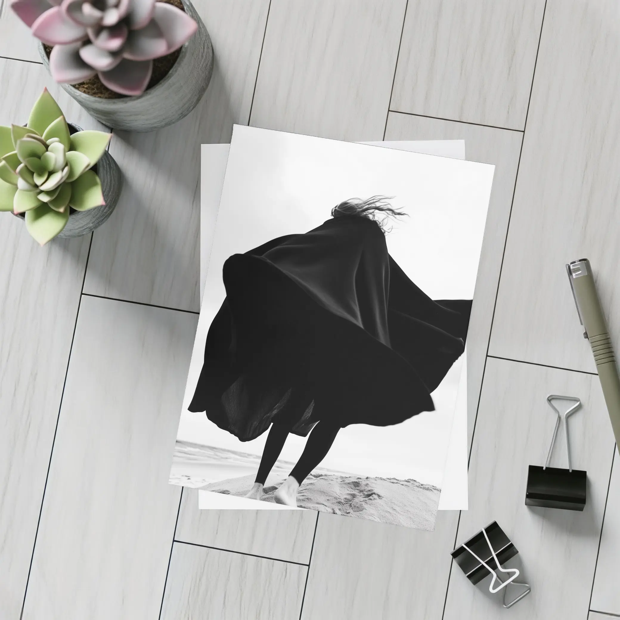 Woman Black Cape Flying Beach Sand – Postcards