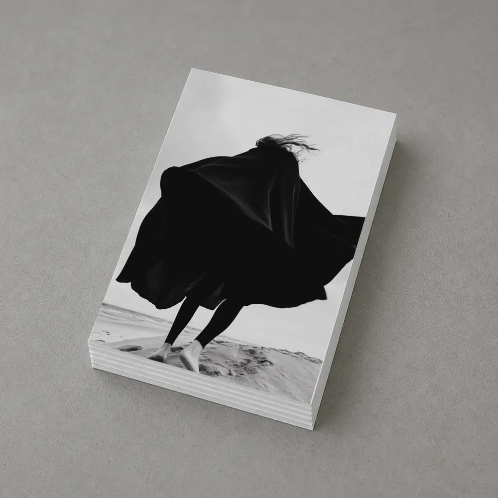 Woman Black Cape Flying Beach Sand – Postcards