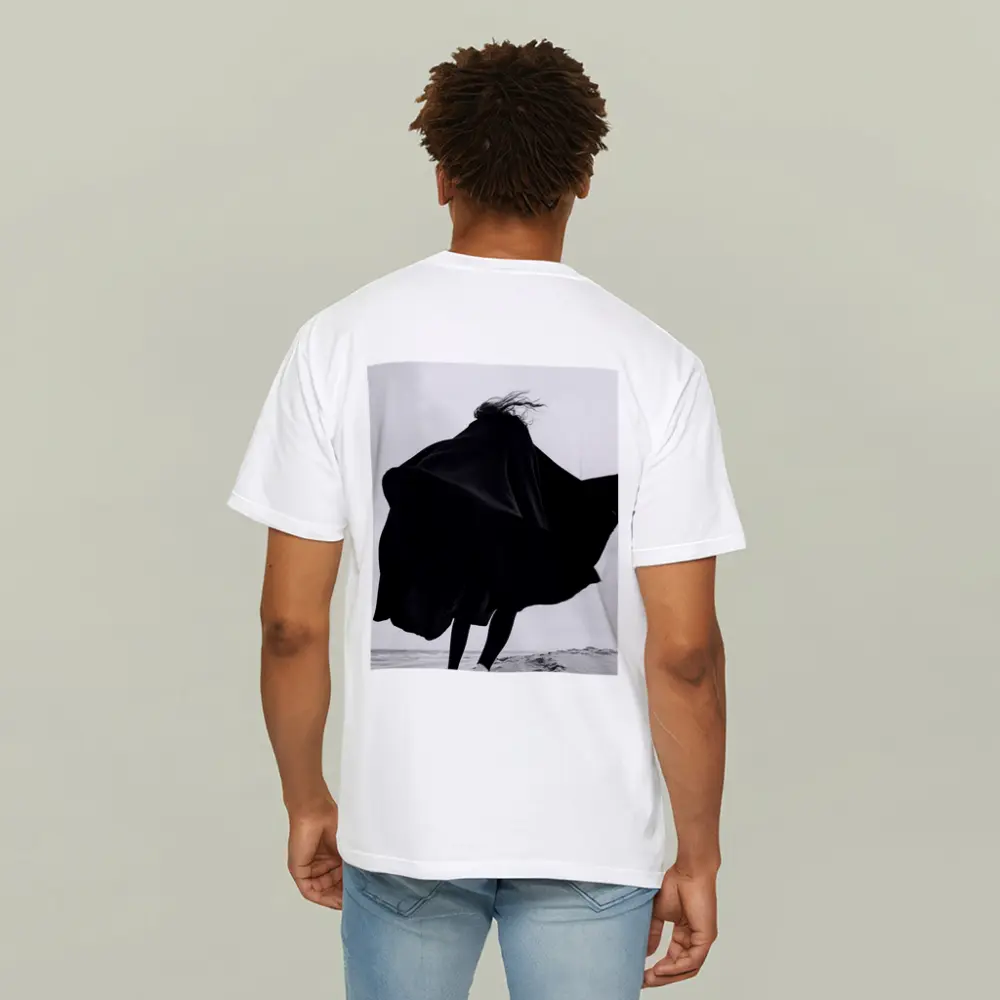 Woman Black Cape Flying Beach Sand – T-Shirts