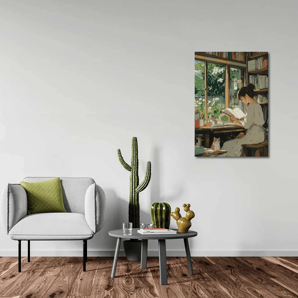 Girl Reading Book Cozy Library Cat Anime – Wall Art