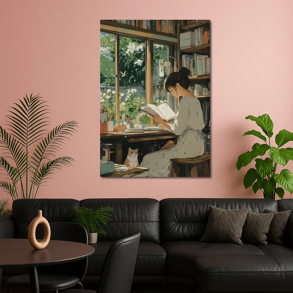 Girl Reading Book Cozy Library Cat Anime – Wall Art
