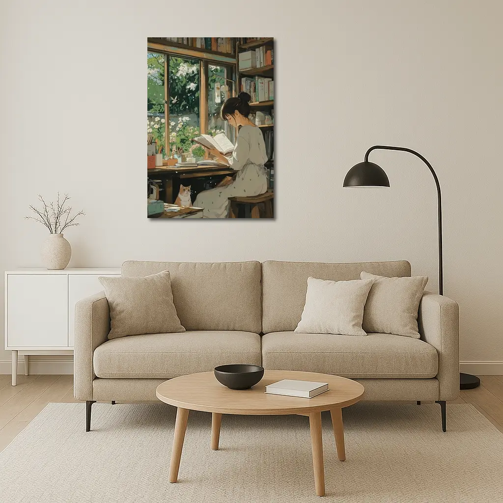 Girl Reading Book Cozy Library Cat Anime – Wall Art