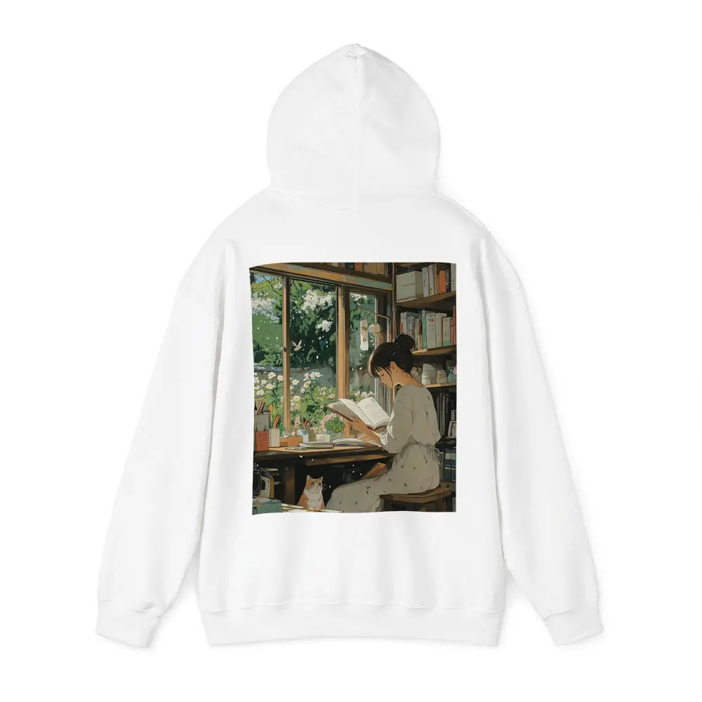 Girl Reading Book Cozy Library Cat Anime – Hoodies