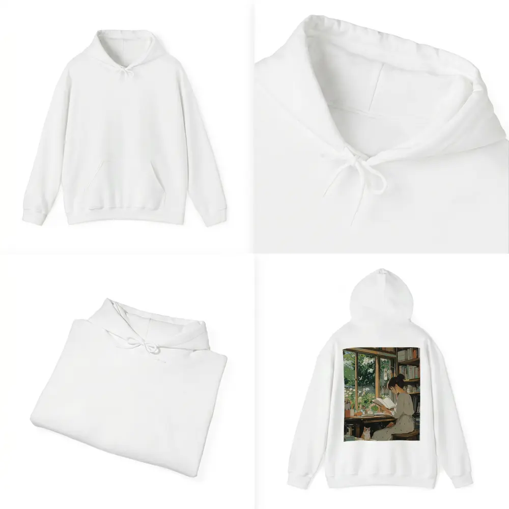 Girl Reading Book Cozy Library Cat Anime – Hoodies