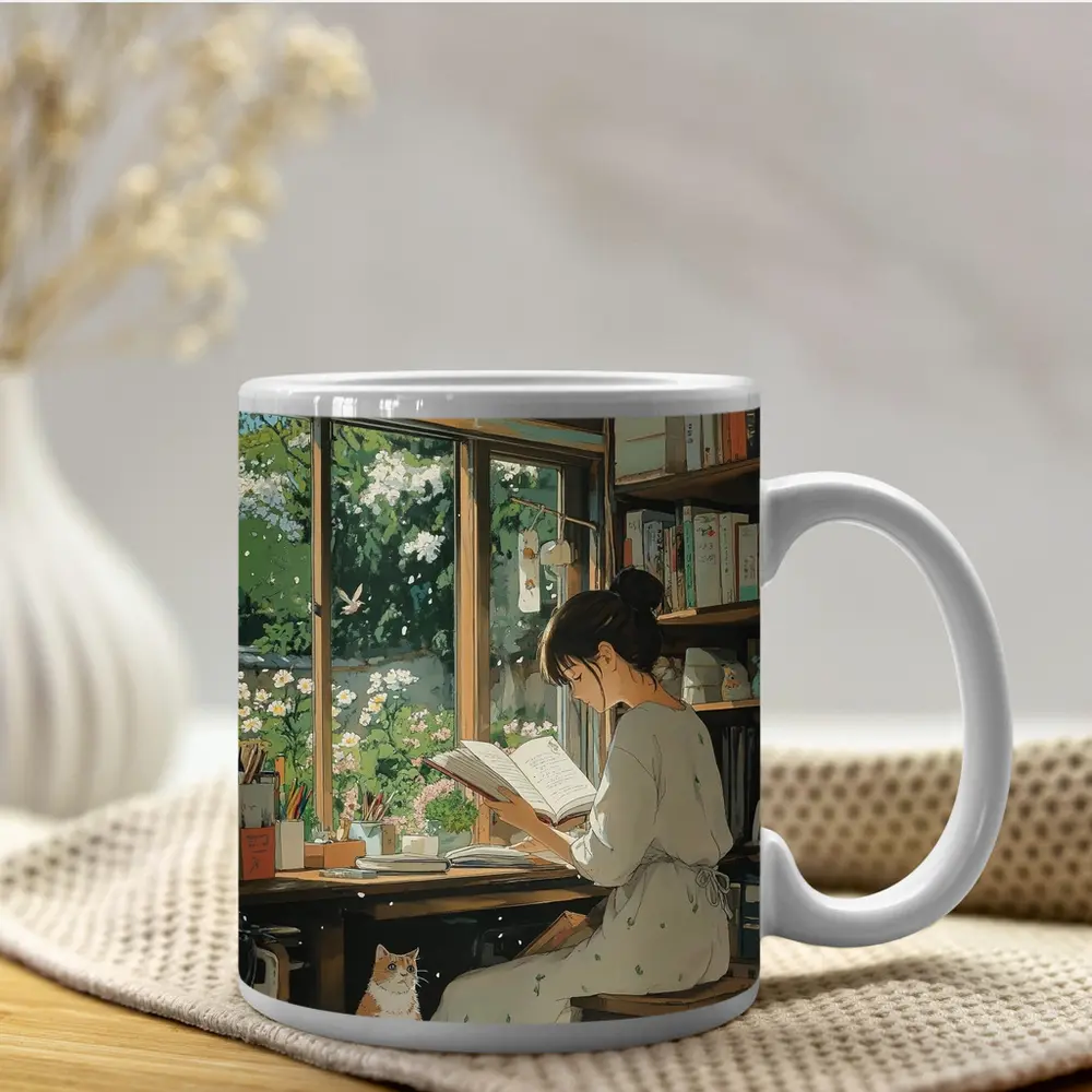 Girl Reading Book Cozy Library Cat Anime – Mugs