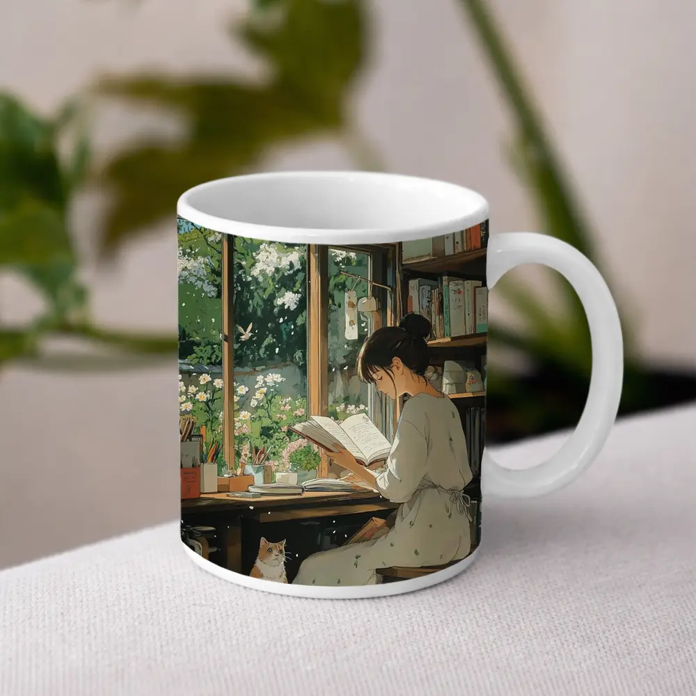 Girl Reading Book Cozy Library Cat Anime – Mugs