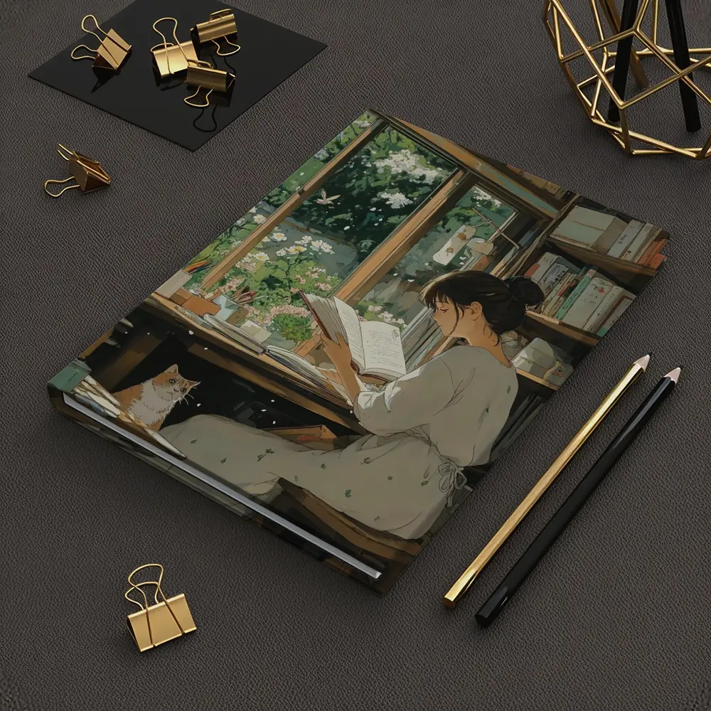 Girl Reading Book Cozy Library Cat Anime – Notebooks