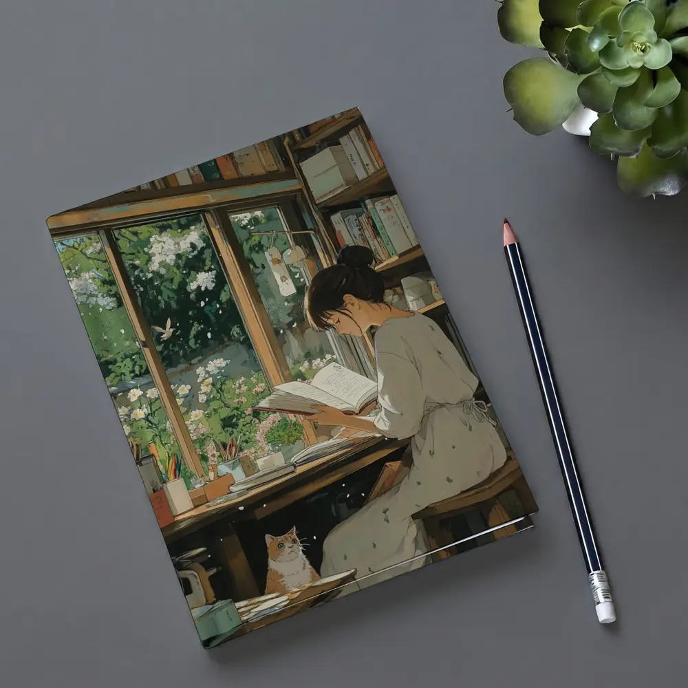 Girl Reading Book Cozy Library Cat Anime – Notebooks