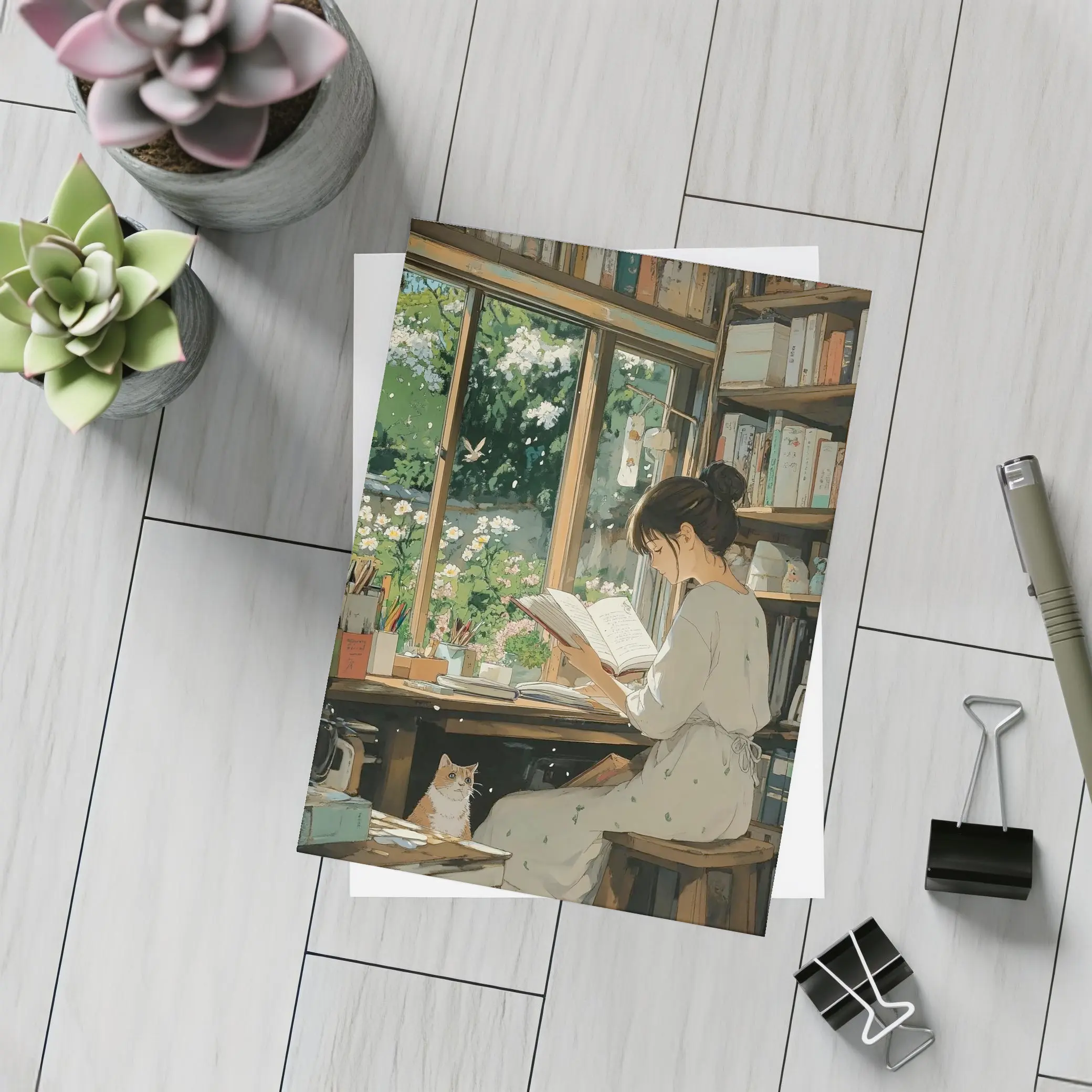 Girl Reading Book Cozy Library Cat Anime – Postcards