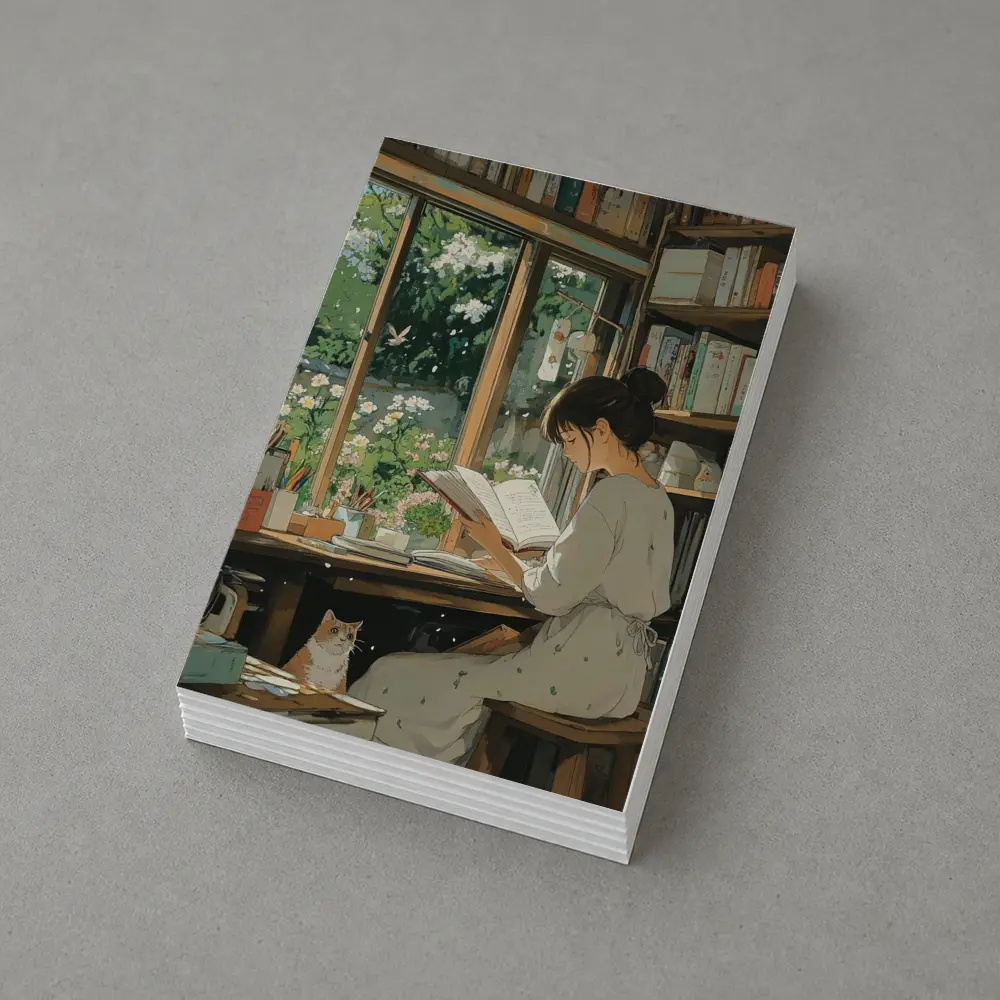 Girl Reading Book Cozy Library Cat Anime – Postcards