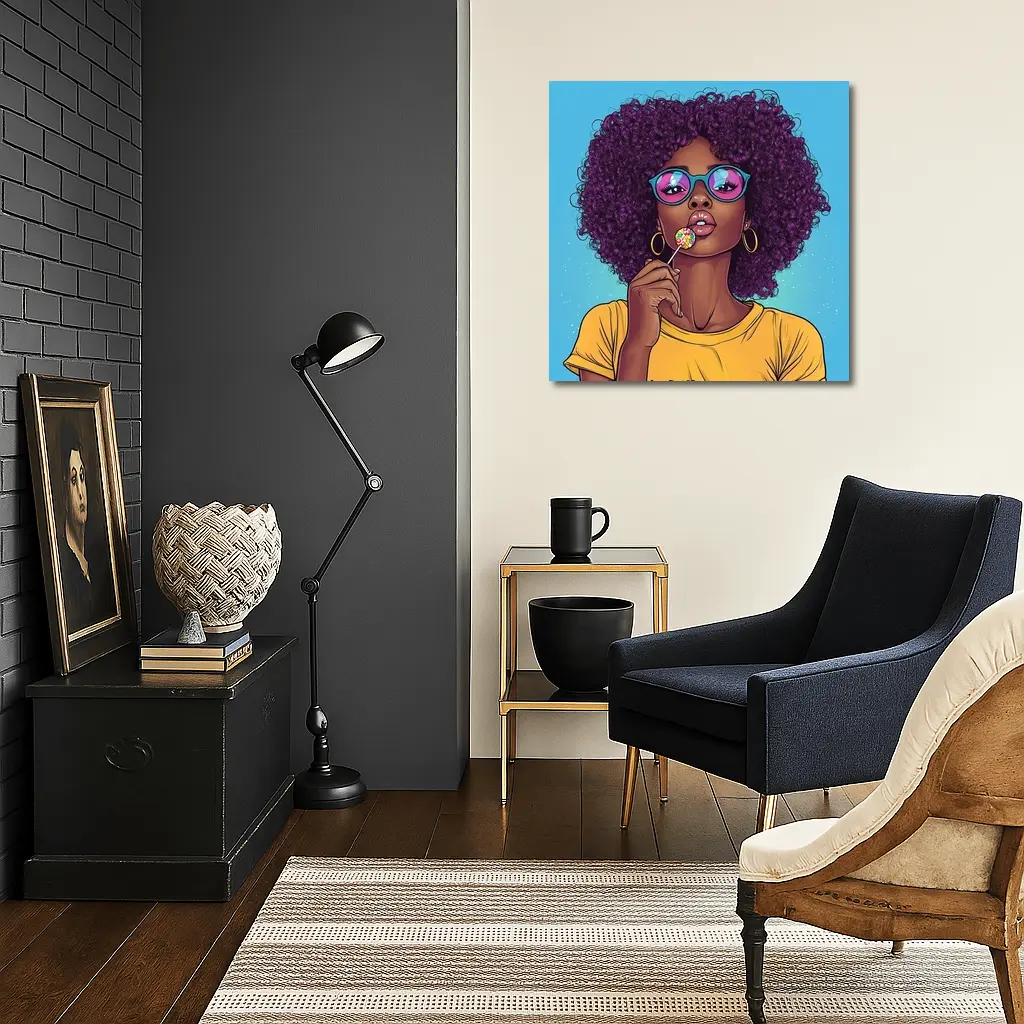 Pop Art Woman Lollipop Blue Background – Wall Art