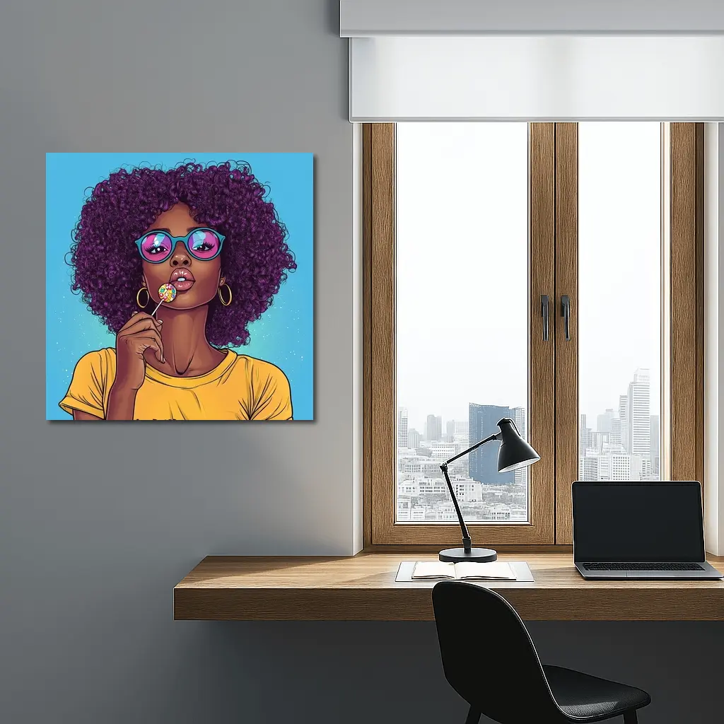 Pop Art Woman Lollipop Blue Background – Wall Art