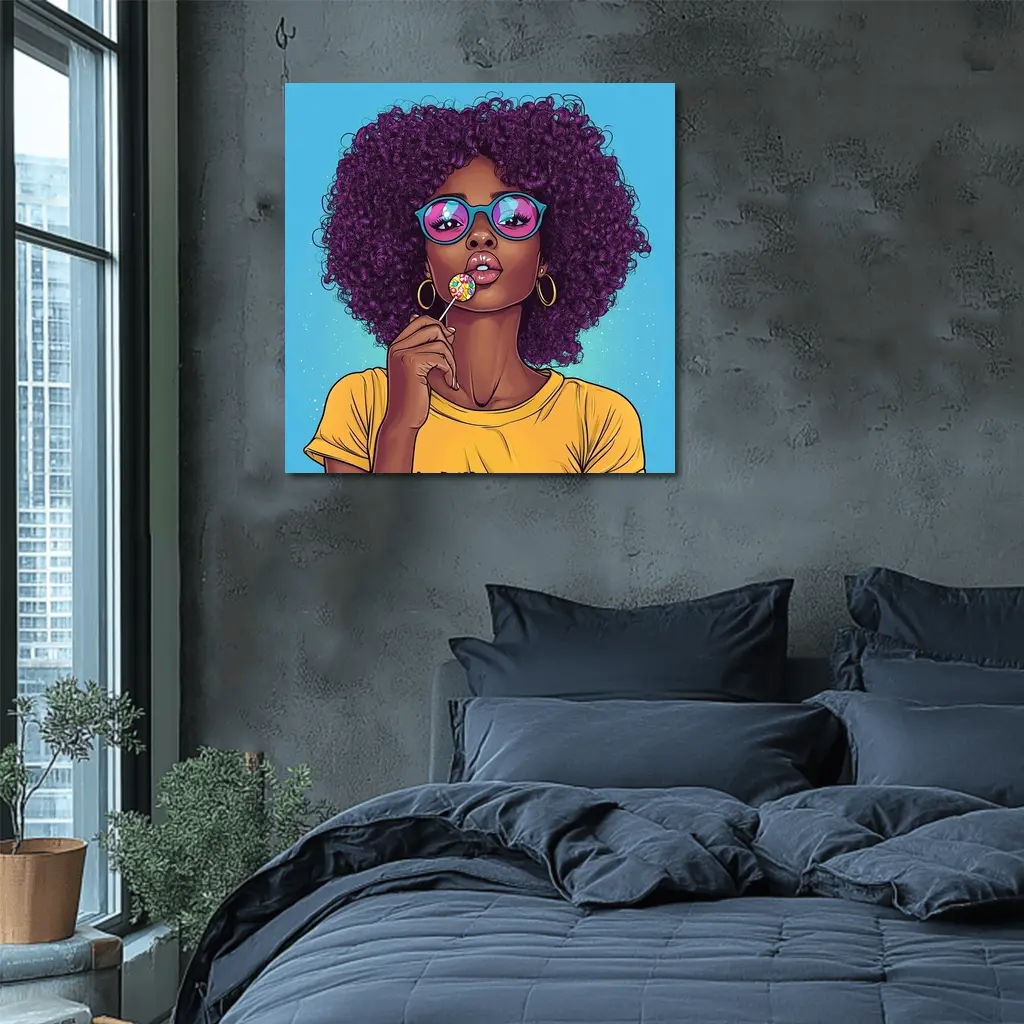 Pop Art Woman Lollipop Blue Background – Wall Art