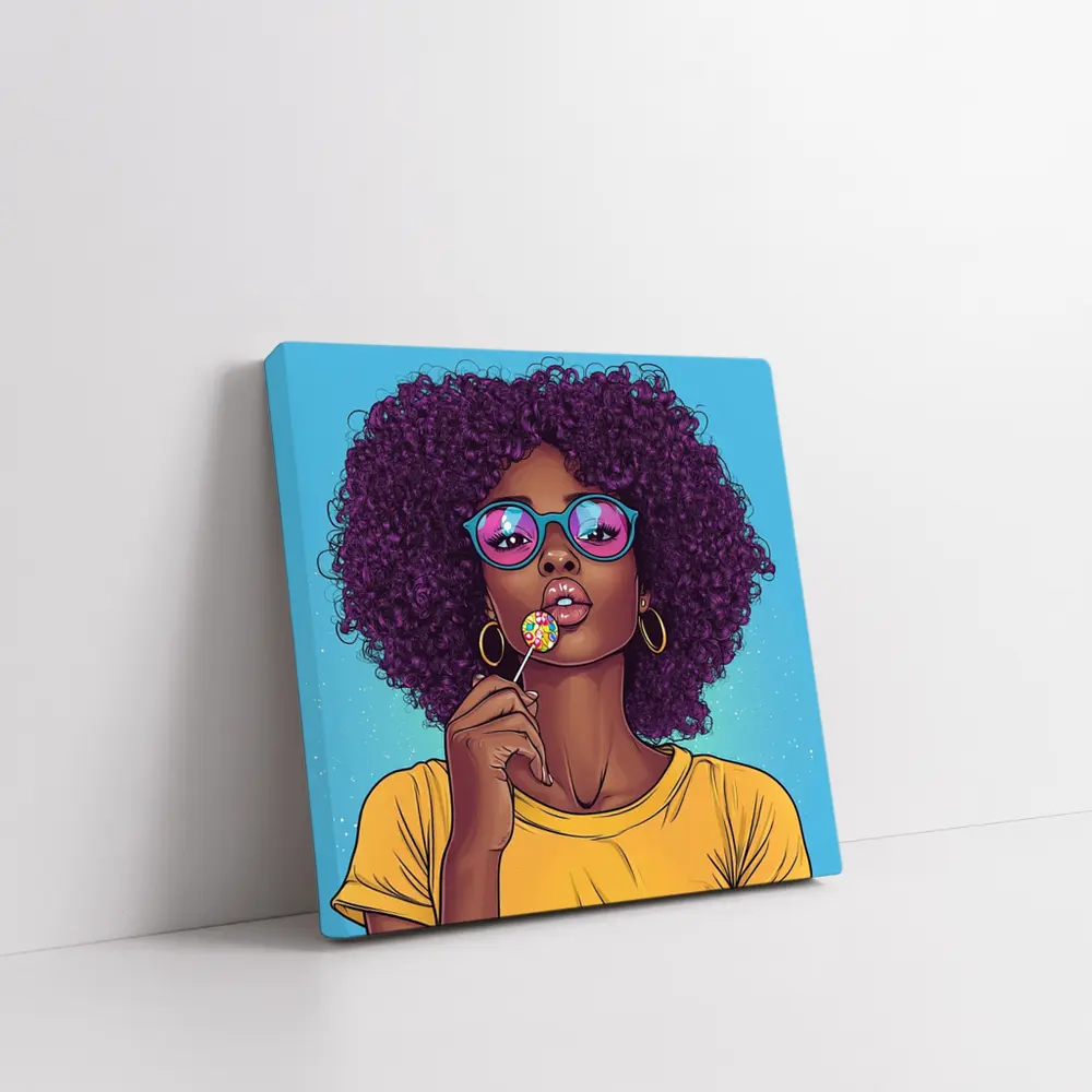 Pop Art Woman Lollipop Blue Background – Wall Art