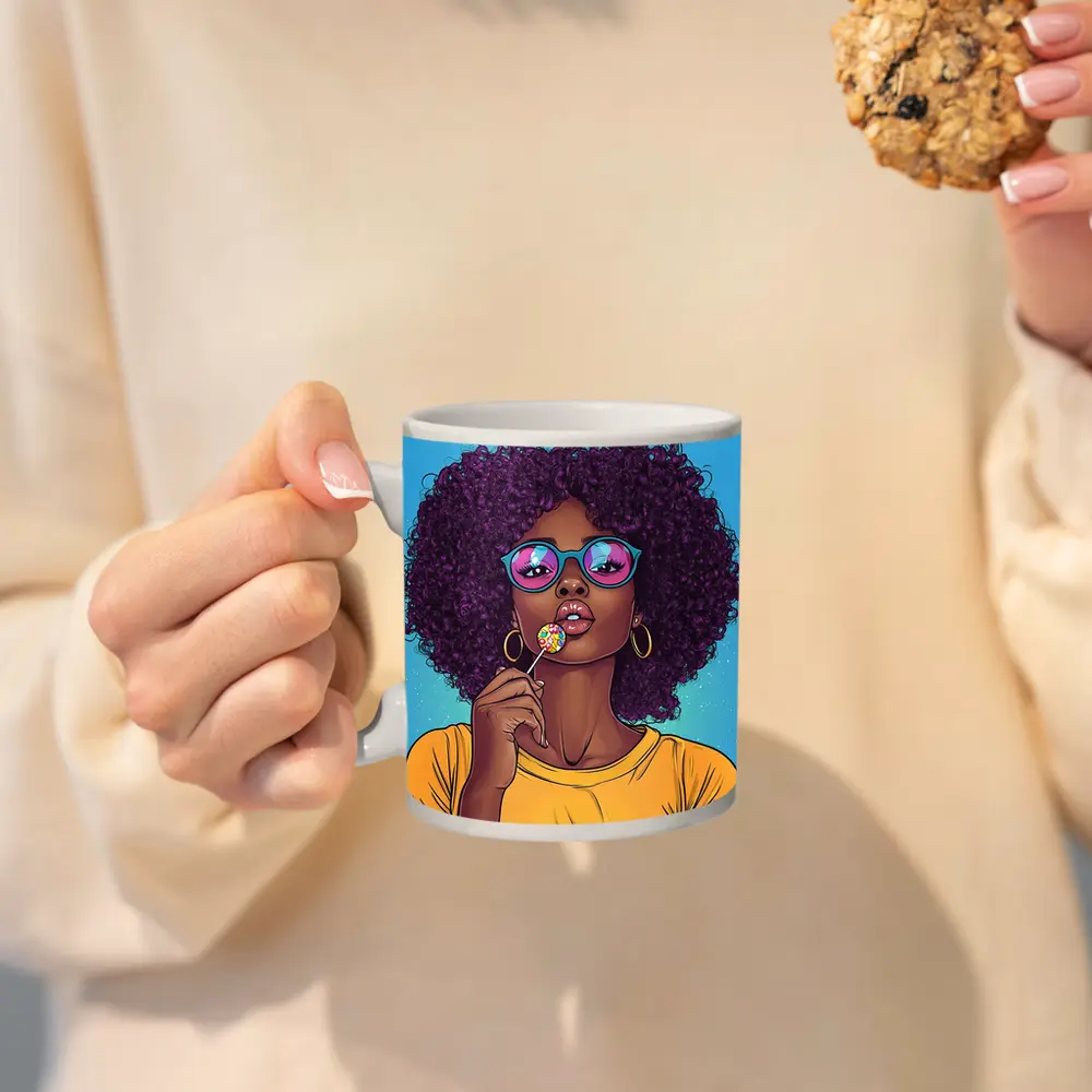 Pop Art Woman Lollipop Blue Background – Mugs
