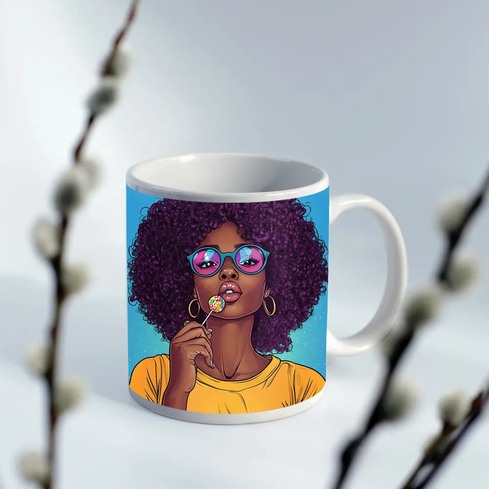 Pop Art Woman Lollipop Blue Background – Mugs