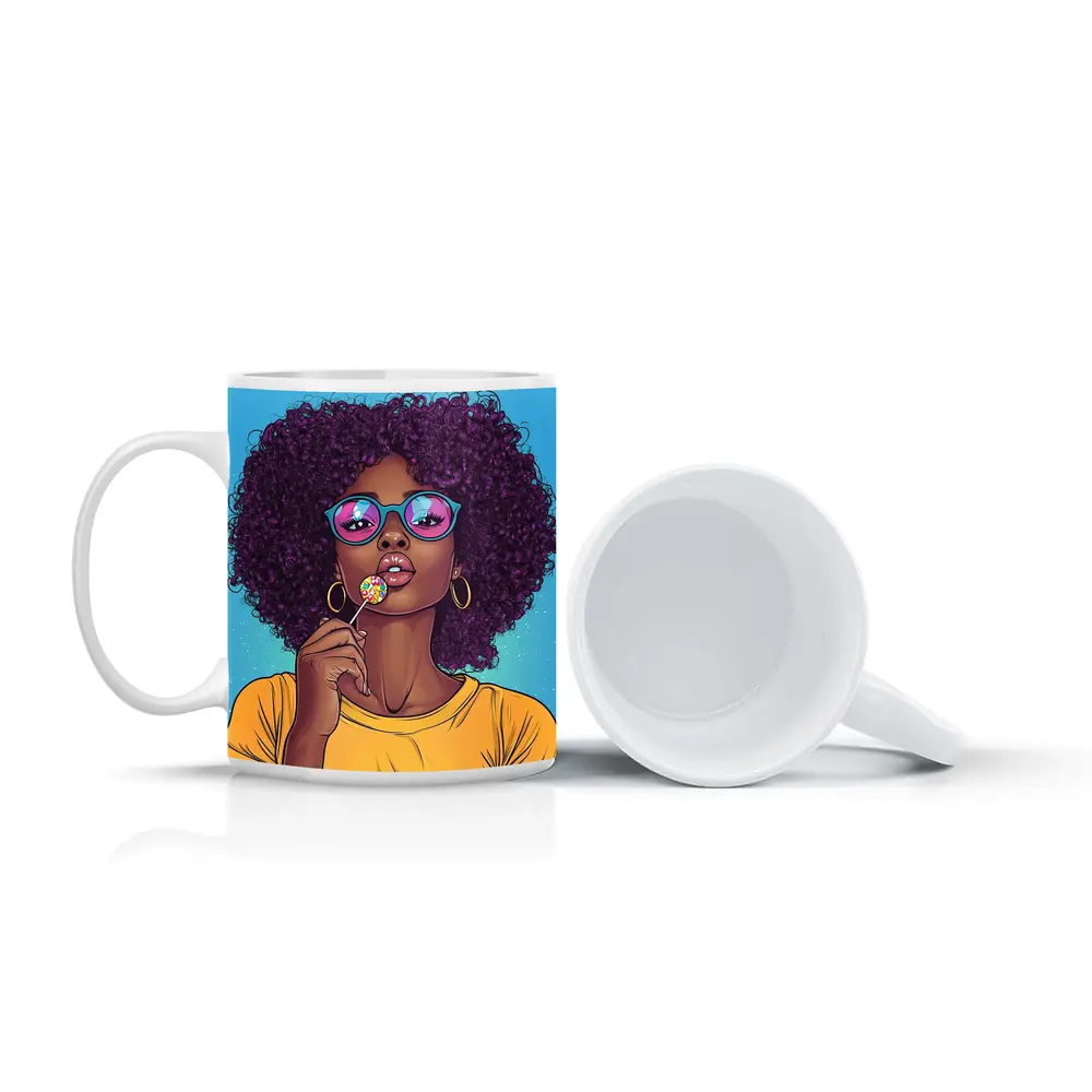 Pop Art Woman Lollipop Blue Background – Mugs