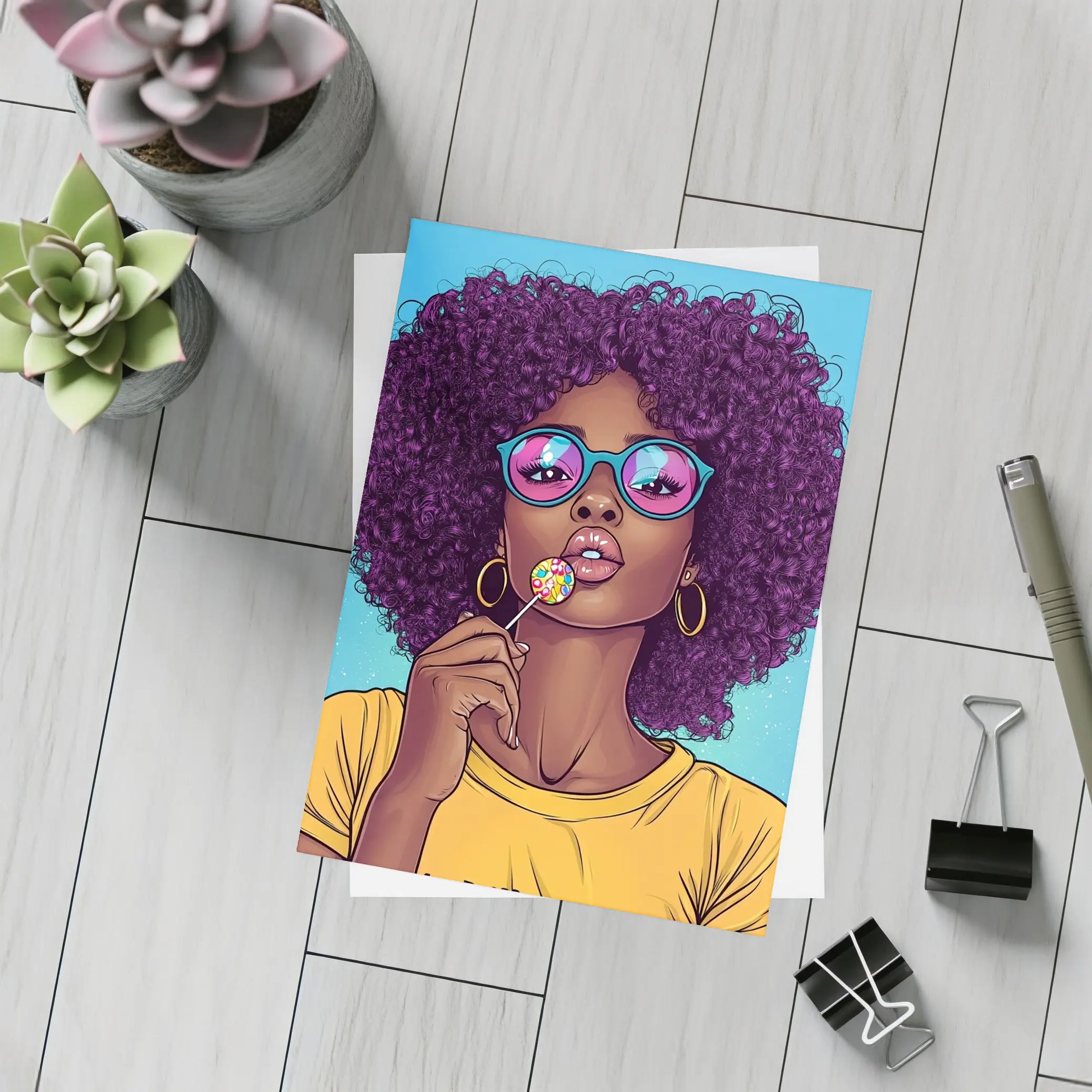 Pop Art Woman Lollipop Blue Background – Postcards