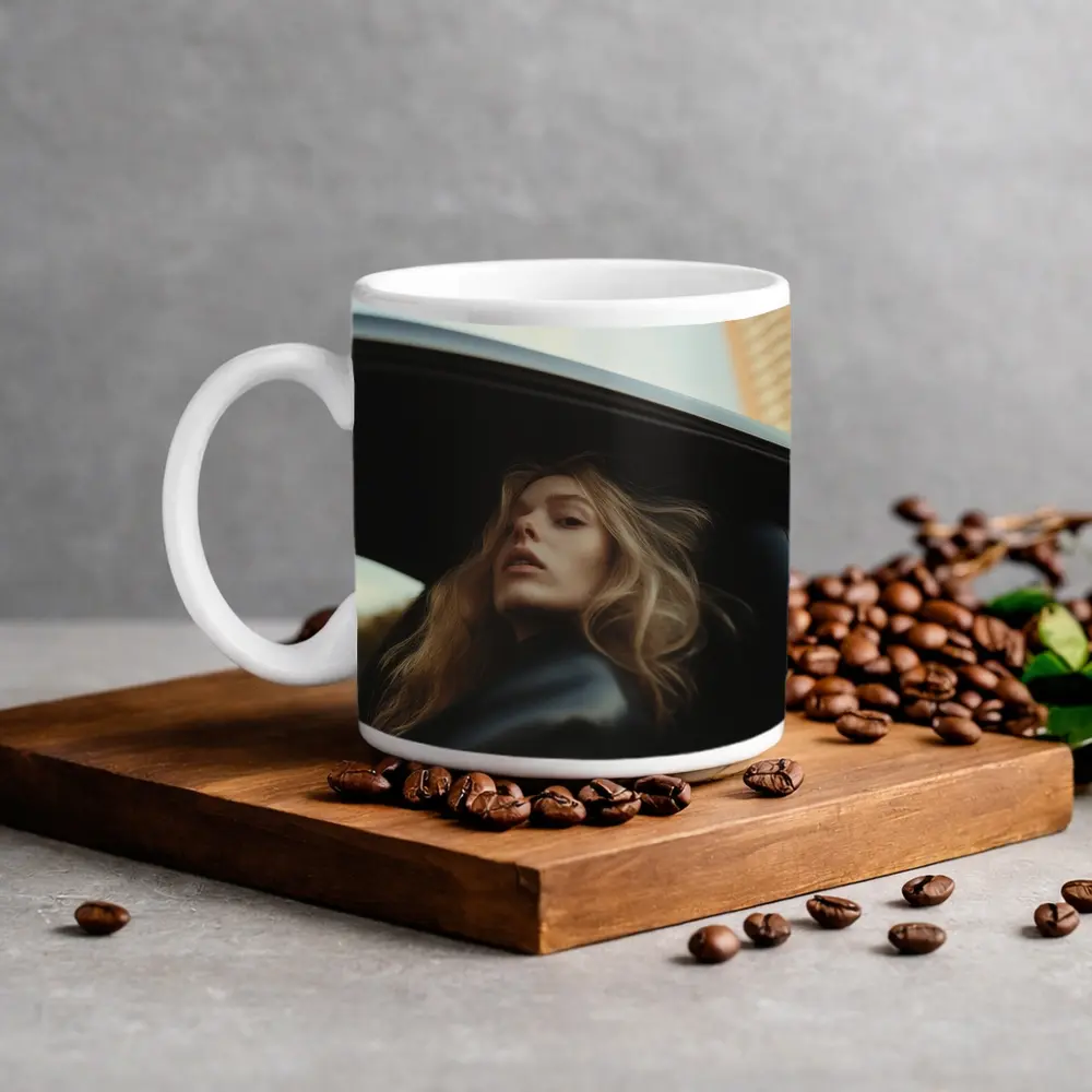Woman Looking Out Car Window City – Mugs