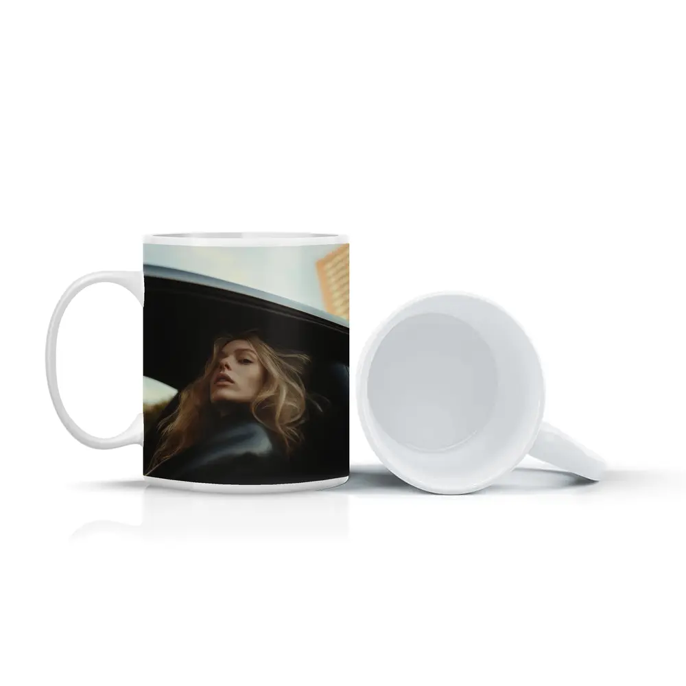 Woman Looking Out Car Window City – Mugs