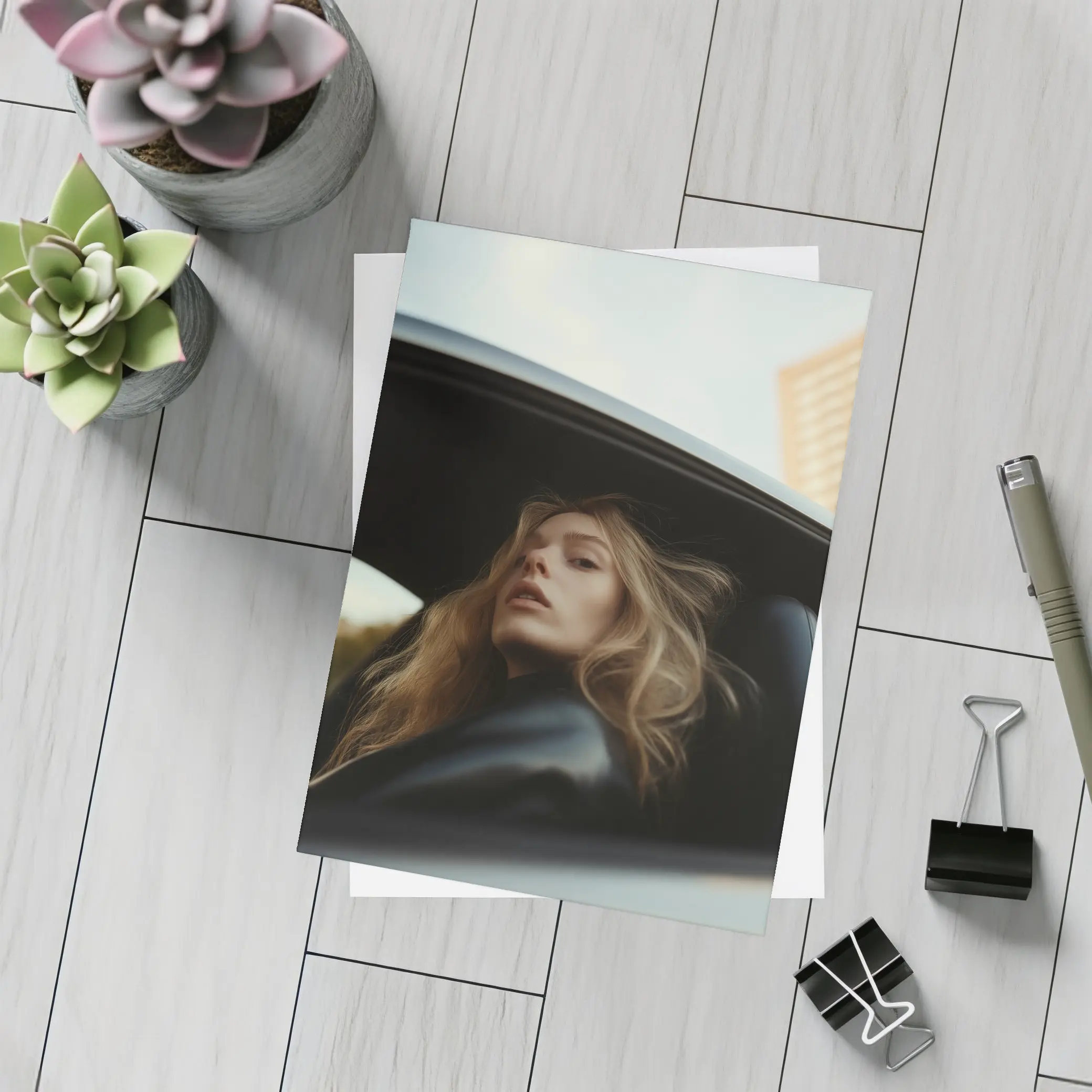 Woman Looking Out Car Window City – Postcards