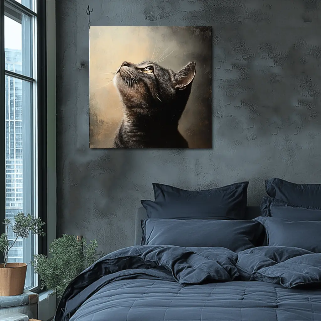 Tabby Cat Looking Up Moody Oil Painting – Wall Art