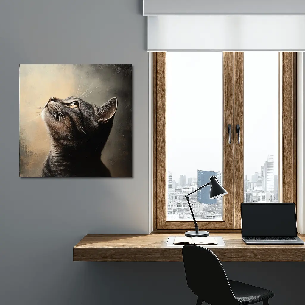 Tabby Cat Looking Up Moody Oil Painting – Wall Art