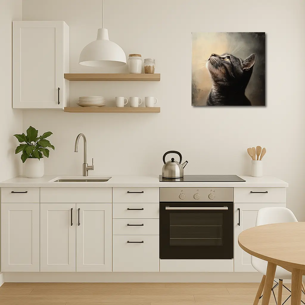 Tabby Cat Looking Up Moody Oil Painting – Wall Art