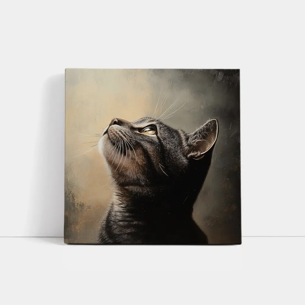 Tabby Cat Looking Up Moody Oil Painting – Wall Art