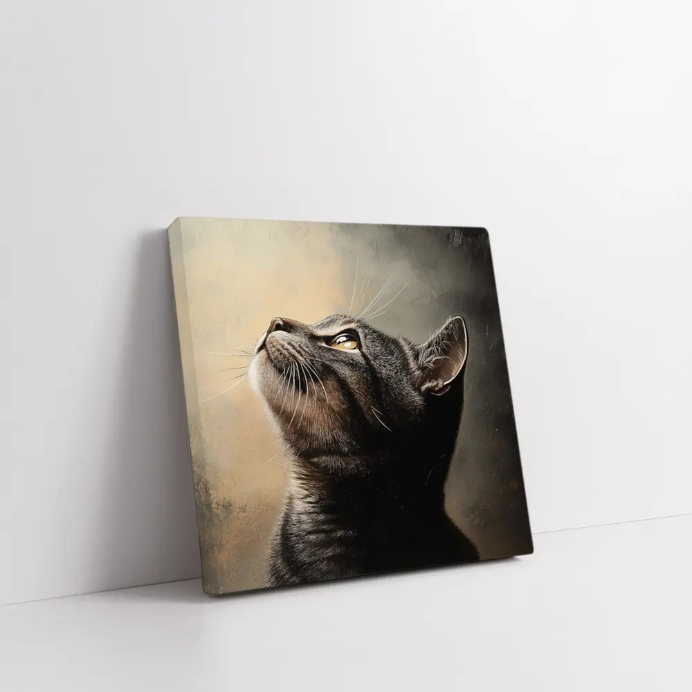 Tabby Cat Looking Up Moody Oil Painting – Wall Art