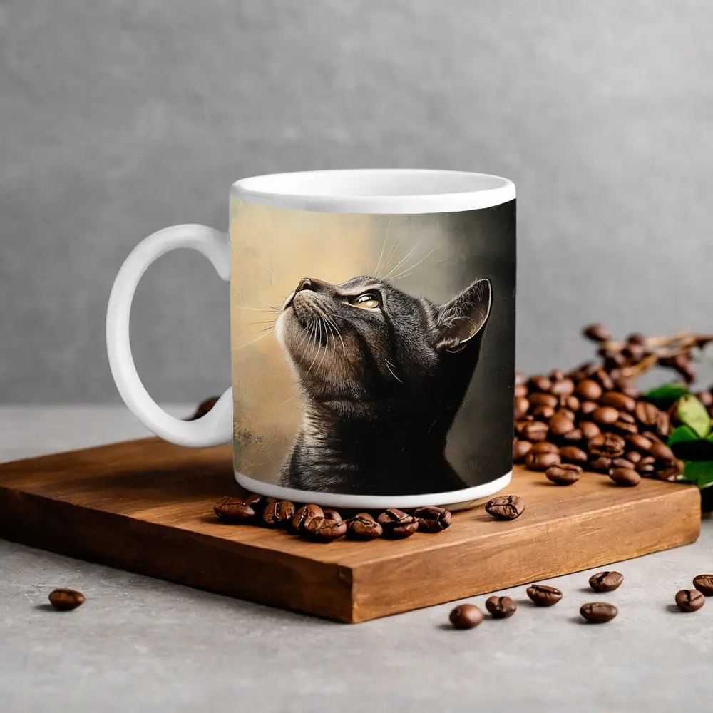 Tabby Cat Looking Up Moody Oil Painting – Mugs