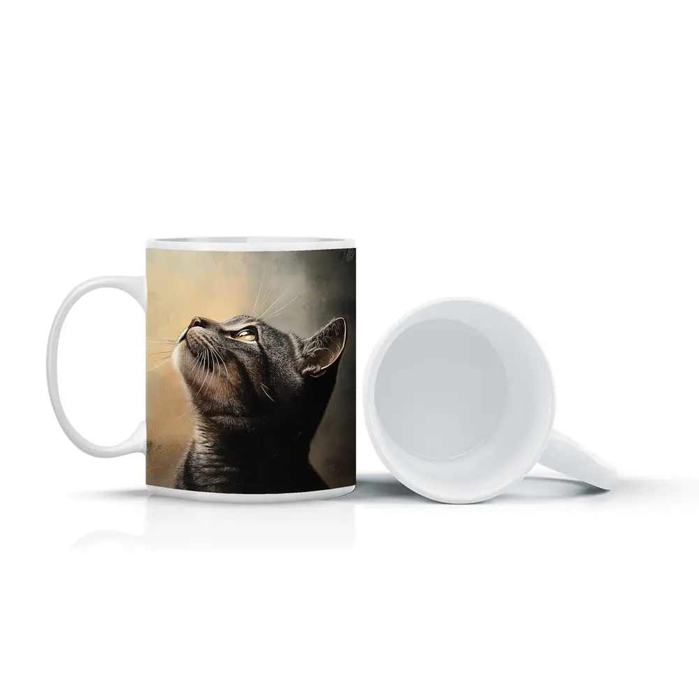 Tabby Cat Looking Up Moody Oil Painting – Mugs