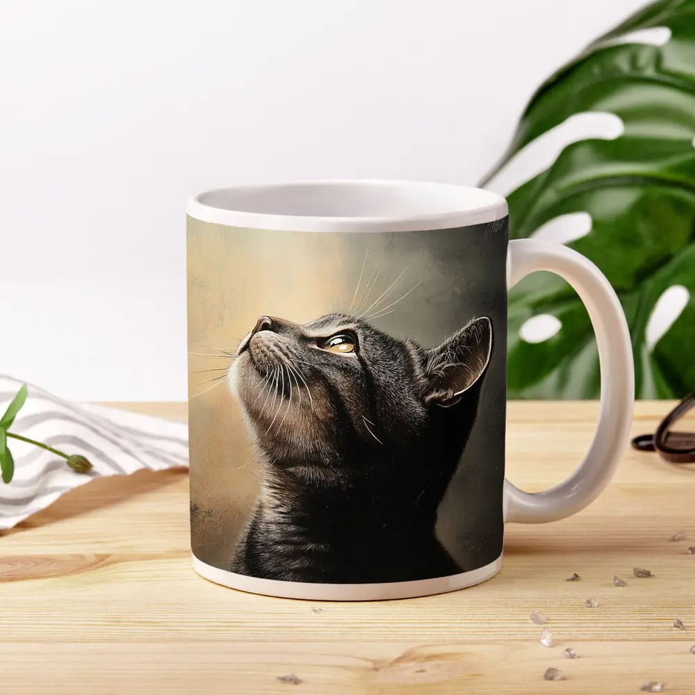 Tabby Cat Looking Up Moody Oil Painting – Mugs