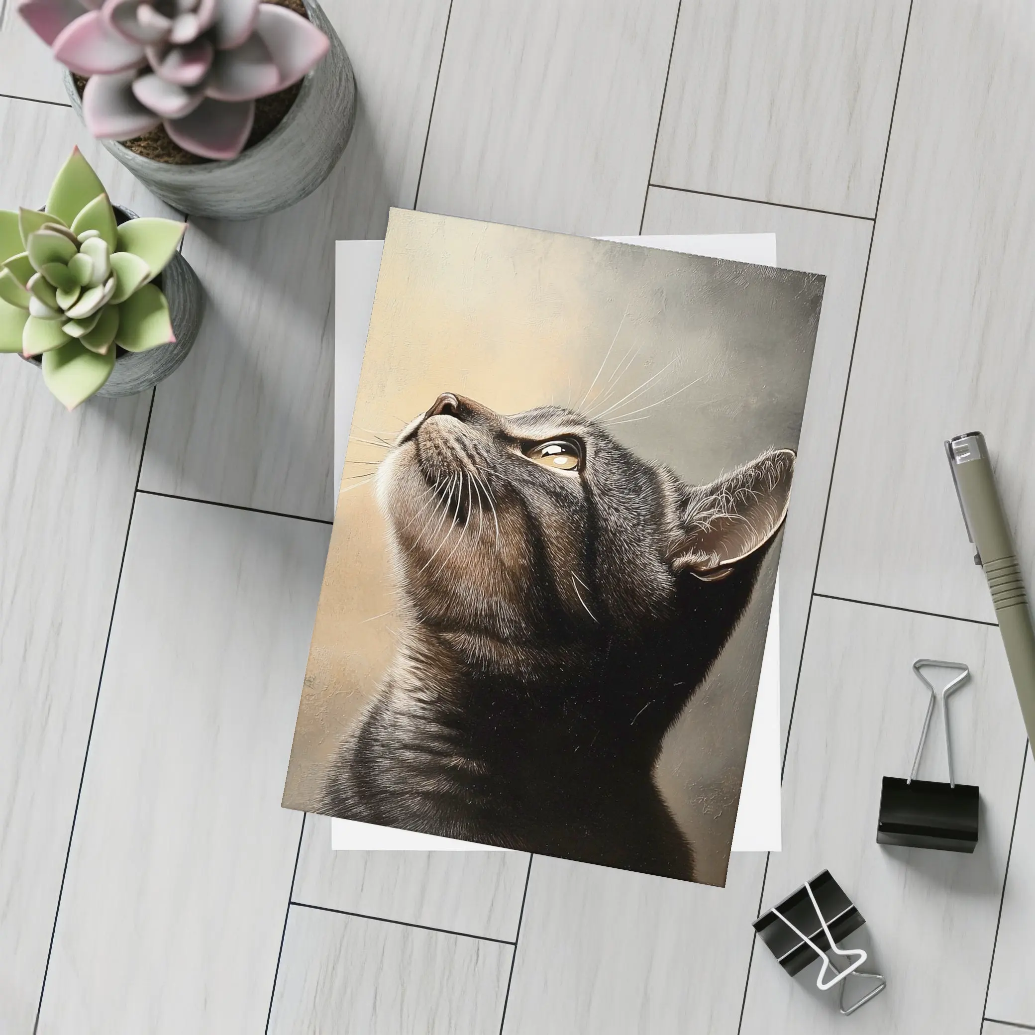 Tabby Cat Looking Up Moody Oil Painting – Postcards
