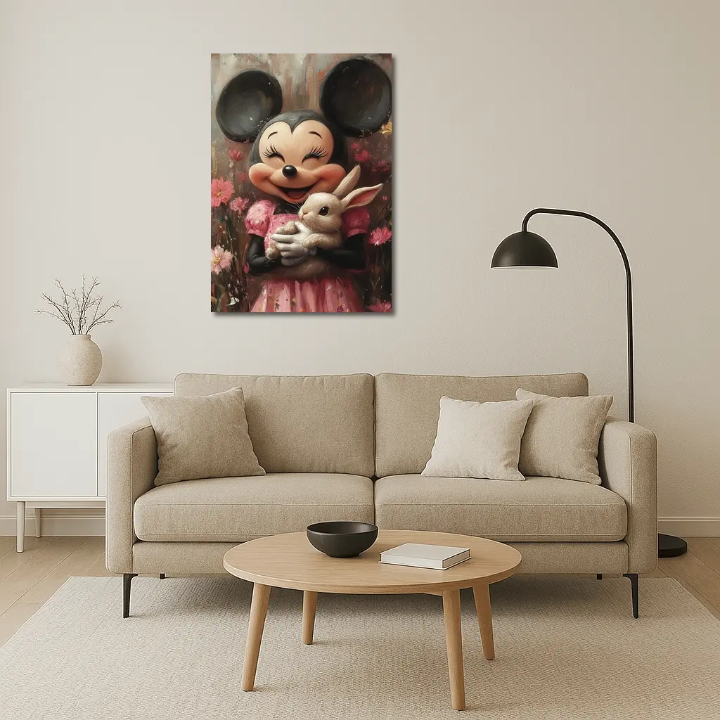 Minnie Mouse Holding Bunny Floral Background – Wall Art