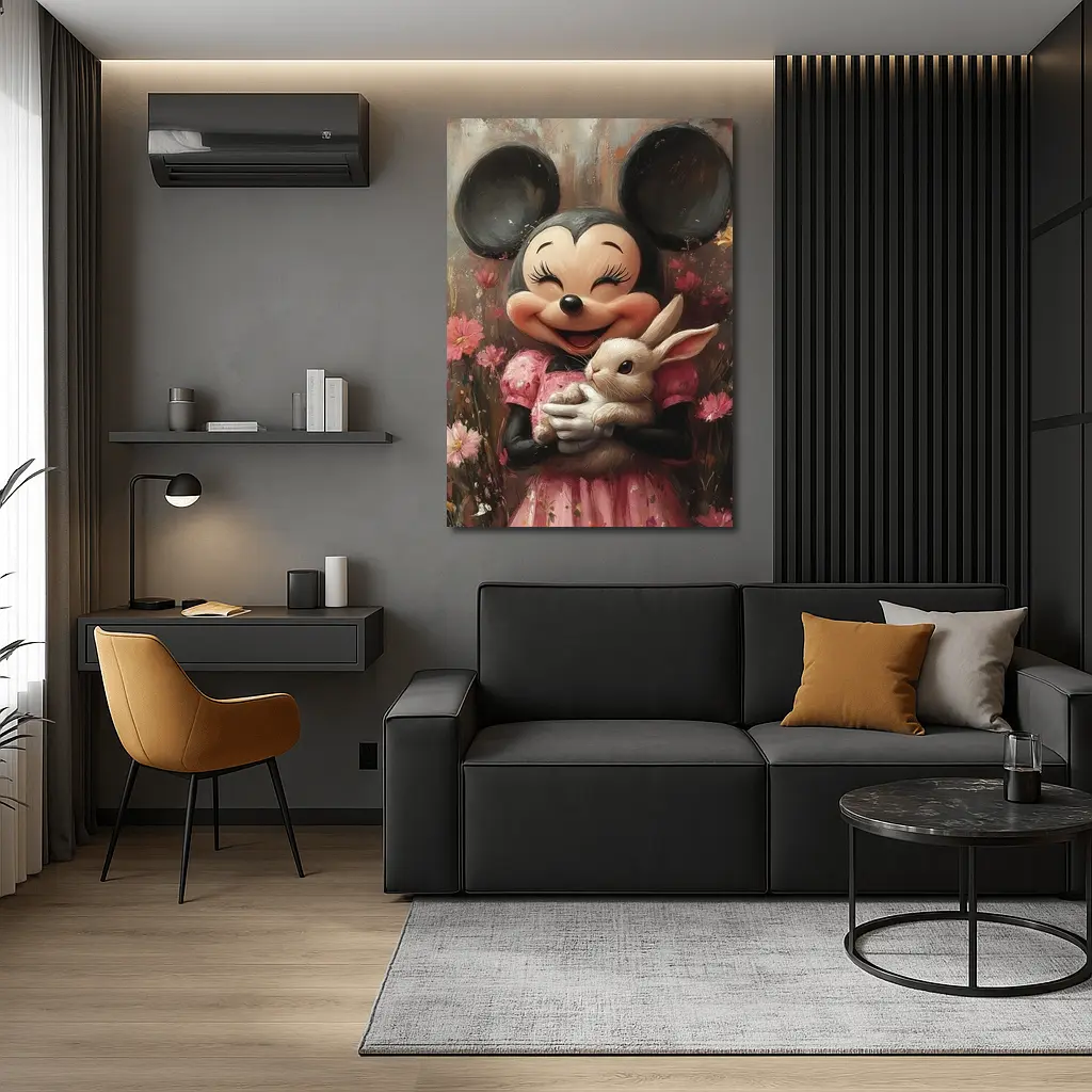 Minnie Mouse Holding Bunny Floral Background – Wall Art