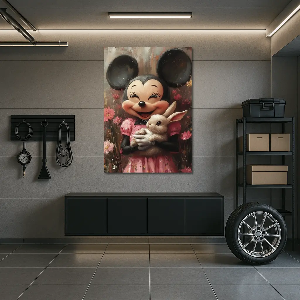 Minnie Mouse Holding Bunny Floral Background – Wall Art