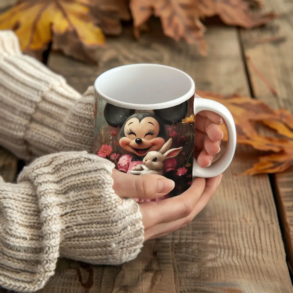 Minnie Mouse Holding Bunny Floral Background – Mugs