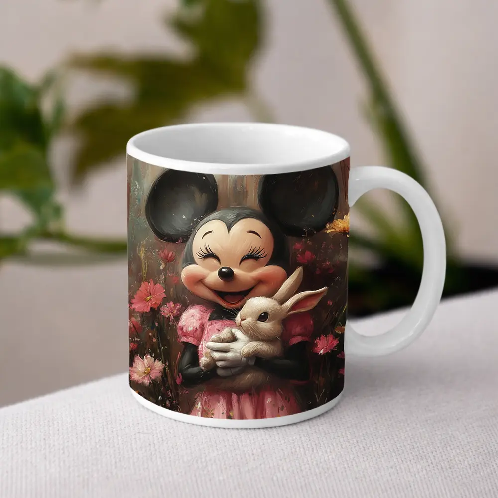 Minnie Mouse Holding Bunny Floral Background – Mugs