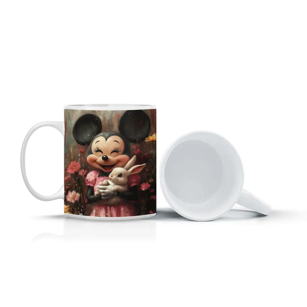 Minnie Mouse Holding Bunny Floral Background – Mugs