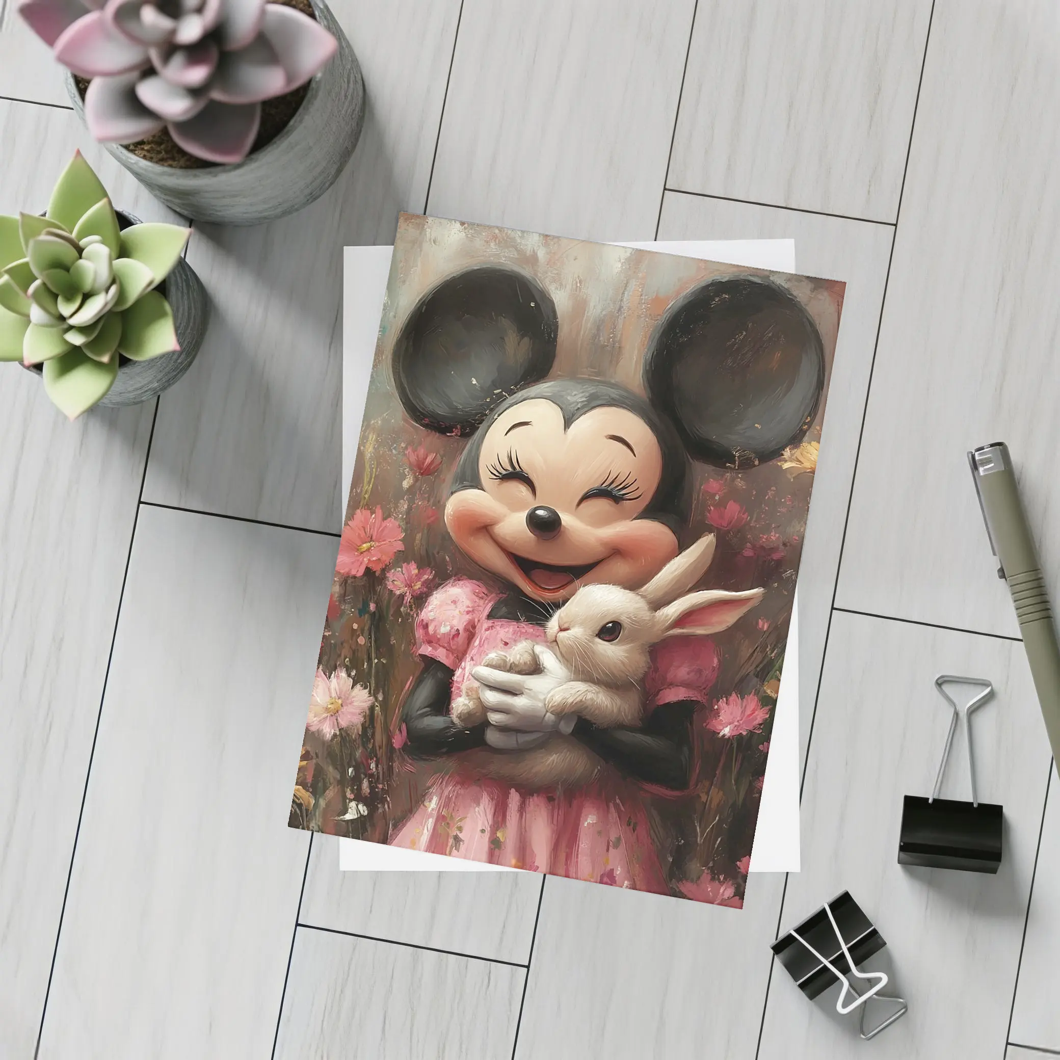 Minnie Mouse Holding Bunny Floral Background – Postcards